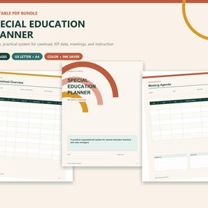 Op de afbeelding: Een printbare PDF-plannerbundel voor speciaal onderwijs met 60 pagina's in US letter- en A4-formaat. De planner bevat een voorpagina met boogvormige afbeeldingen en binnenpagina's met tabellen voor caseload-overzichten en agenda's.