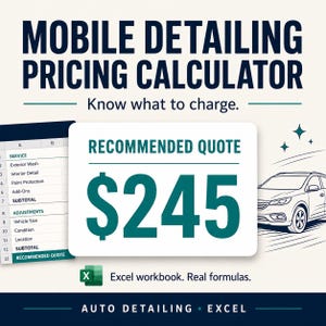 May include: A digital mobile detailing pricing calculator spreadsheet template featuring the text Mobile Detailing Pricing Calculator, Know what to charge, Recommended Quote $245, and Excel workbook. Real formulas. Includes a car graphic.