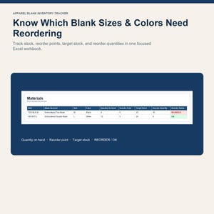 May include: An Excel workbook template titled Apparel Blank Inventory Tracker. The interface displays a table with columns for SKU, Blank Garment, Size, Color, Quantity On Hand, Reorder Point, Target Stock, Reorder Quantity, and Reorder Status.