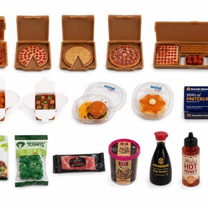 May include: A collection of miniature toy food items including various pizzas in brown boxes, a burger and pancake in clear containers, an Auntie Anne's pretzel box, bags of MorningStar Farms patties and broccoli, a meat package, ice cream, and bottles.