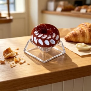 May include: A glossy, dark red, dome-shaped pastry with a central indentation and a ring of white, leaf-like decorative accents. The pastry sits on a clear, square, four-legged acrylic stand, positioned on a light-colored wooden surface.