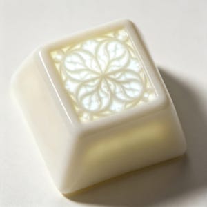 May include: A square, off-white mechanical keyboard keycap featuring a raised, intricate four-petaled floral or quatrefoil pattern on its top surface. The keycap has a smooth, glossy finish with a translucent quality that allows light to pass through.