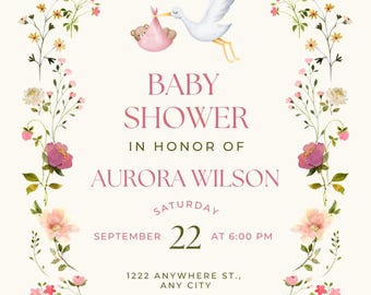 Girl Baby Shower Digital Invite Text Friendly and Printable Editable