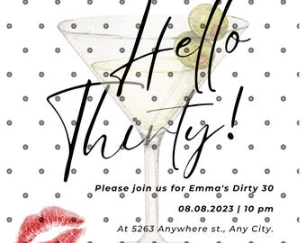 Dirty 30 Birthday Invite Digital Martini Theme