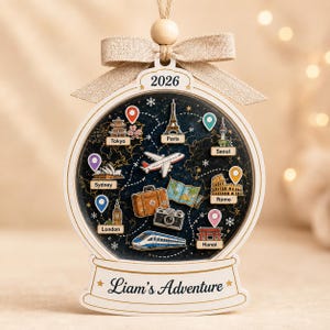 Decorazione natalizia personalizzata a tema viaggi 2026, mappamondo ricordo personalizzato, regalo per viaggiatori in vacanza, decorazione natalizia personalizzata con nome a tema viaggio.