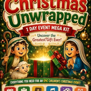May include: A Christmas Unwrapped 1 Day Event Mega Kit featuring a cartoon illustration of a shepherd and Mary with a lamb beside a glowing gift box. The kit includes a schedule, leader guide, bible lesson, music, games, and decor materials.