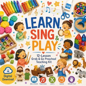 Pode incluir: Um kit de ensino pré-escolar de 12 lições intitulado Learn, Sing & Play, com ilustrações de crianças com instrumentos musicais, materiais de artesanato, contas coloridas, massa de modelar e figuras de animais.