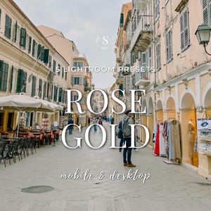 May include: A digital product listing for 5 Lightroom presets titled ROSE GOLD mobile & desktop. The image shows a European street scene with beige buildings, green shutters, outdoor cafe seating, and shops displaying clothing and tote bags.