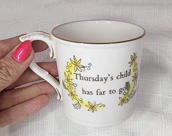 Royal Worcester Thursday's Child Bone China Mug, Vintage English Nursery Rhyme Mug, Hand Painted Grandmacore Collectible Birthday Mug