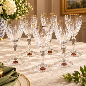 Puede incluir: Un juego de seis copas de vino de cristal transparente con patrones de corte vertical, tallos facetados y bordes dorados. Cada base de copa muestra una pequeña pegatina roja y dorada de la marca Gorham sobre un mantel blanco estampado.