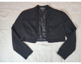 Vintage 90s Patrick Collection Black Beaded Cropped Bolero Jacket Shrug Size 6