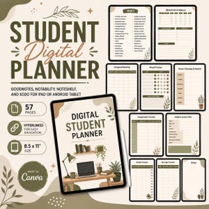 May include: A digital student planner with 57 pages, 8.5 x 11 inch size, and hyperlinks. The set includes an index, month at a glance, reading, mood, cleaning, assignment, lesson, grade, and savings trackers, plus notes, all in olive green and beige.