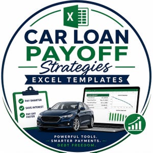 May include: A circular graphic featuring the text CAR LOAN PAYOFF Strategies EXCEL TEMPLATES. It includes a dark blue car, a clipboard with checkmarks and text, and a laptop displaying a loan summary spreadsheet with charts and graphs.