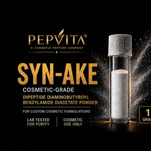 May include: A clear glass vial containing white powder, labeled PEPVITA SYN-AKE COSMETIC-GRADE DIPEPTIDE DIAMINOBUTYROYL BENZYLAMIDE DIACETATE POWDER FOR CUSTOM COSMETIC FORMULATIONS, LAB TESTED FOR PURITY, COSMETIC USE ONLY, and 1 GRAM.