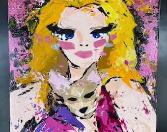 Elle Woods and Bruiser Painting, Original Palette Knife Art, 16x20 Canvas