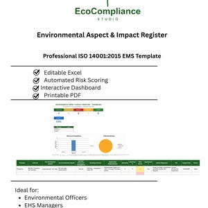 May include: A digital document template titled EcoCompliance Studio Environmental Aspect & Impact Register for ISO 14001:2015. It features a green leaf logo, a list of features including editable Excel and printable PDF, and a dashboard preview.