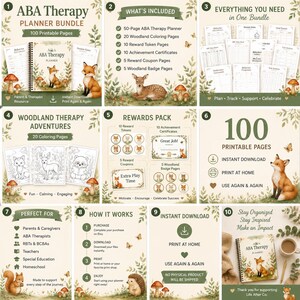 Könnte beinhalten: Ein digitales ABA-Therapie-Planer-Paket mit 100 druckbaren Seiten und Waldtier-Illustrationen. Enthält einen Planer, 20 Ausmalbilder, Belohnungsmarken, Leistungszertifikate, Gutscheine sowie Abzeichen-Seiten mit Fuchs- und Reh-Motiven.