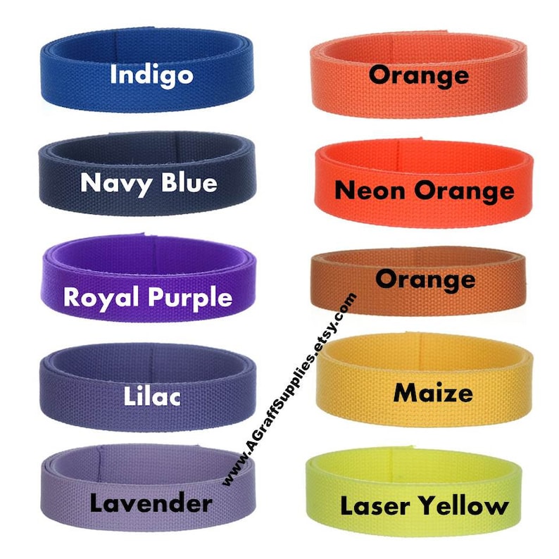 May include: Ten different colors of webbing straps, including indigo, orange, navy blue, neon orange, royal purple, lilac, lavender, maize, and laser yellow. The straps are all 1 inch wide and are made of durable nylon.