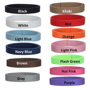 May include: A selection of 12 different colored webbing straps, each with a label indicating its color. The colors include black, khaki, red, white, light blue, navy blue, brown, orange, light pink, flash green, hot pink, and purple.