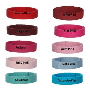 May include: Ten different colors of webbing, each color is shown as a rolled up piece of webbing. The colors are: Cardinal Red, Wine Red, Burgundy, Hot Pink, Fuchsia, Light Pink, Baby Pink, Light Blue, Aqua Blue, and Turquoise/Teal.