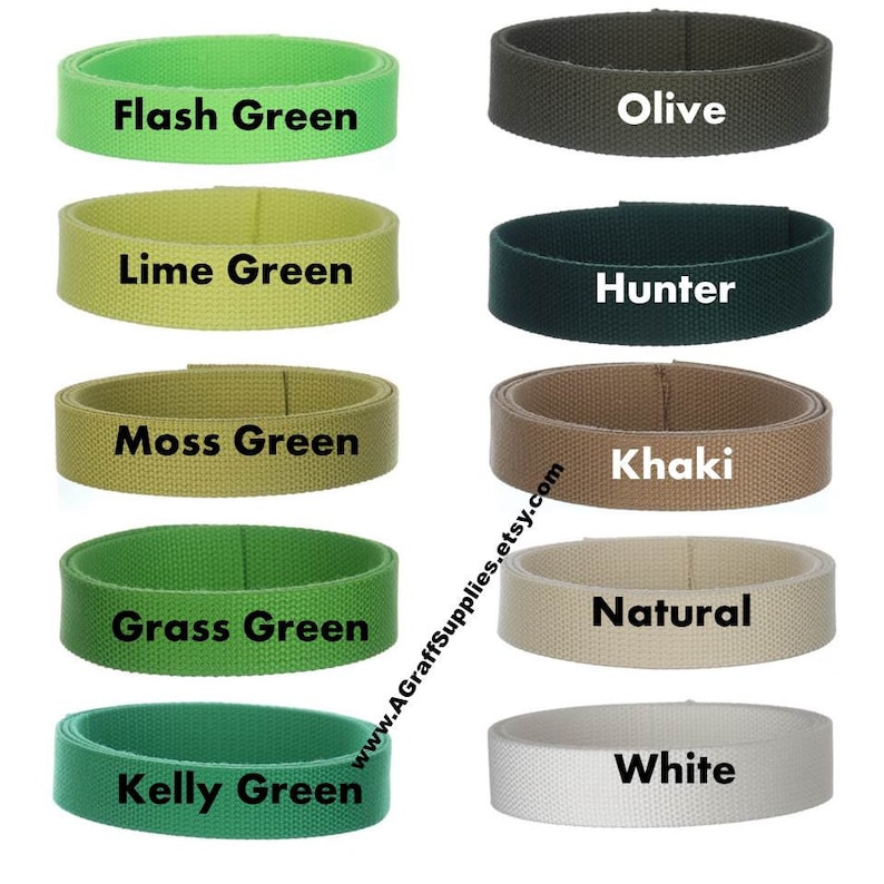 May include: Ten different colors of webbing straps, including Flash Green, Olive, Lime Green, Hunter, Moss Green, Grass Green, Kelly Green, Khaki, Natural, and White.