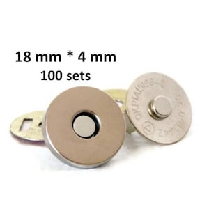 May include: A set of 100 silver magnetic snap closures, each measuring 18 mm by 4 mm. The snaps are designed for sewing onto fabric and are ideal for creating closures for bags, purses, and other projects.