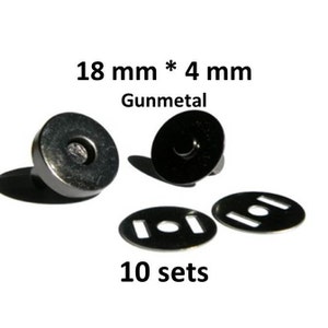 May include: Ten sets of 18 mm by 4 mm gunmetal magnetic snaps. Each set includes two metal snaps and two metal plates.