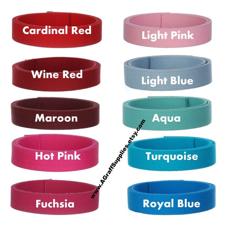 May include: A selection of 10 colors of 1 inch wide cotton webbing. The colors are: Cardinal Red, Light Pink, Wine Red, Light Blue, Maroon, Hot Pink, Fuchsia, Aqua, Turquoise, and Royal Blue.