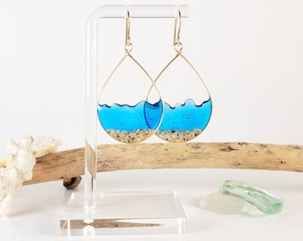 Marine blue water and sand beach earrings in yellow gold-Handmade in Hawaii Beach Jewelry, hypoallergenic for sensitive ears