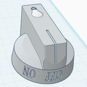 May include: A light grey cylindrical control knob featuring a vertical rectangular handle with a lightbulb icon on top. The base of the knob displays the text ON and OFF embossed in a serif font, with a thin vertical groove running down the handle.