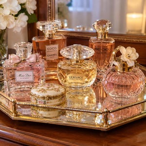May include: A collection of five glass perfume bottles and a small round floral trinket box arranged on a gold-rimmed mirrored hexagonal tray. The bottles feature labels for Miss Dior, Chanel Coco Mademoiselle, Versace Bright Crystal, Jimmy Choo Illicit, and Marc Jacobs Daisy with a white flower topper.
