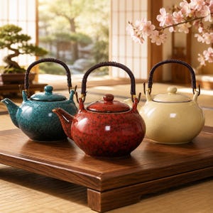 Può includere: Tre teiere in ceramica con finitura smaltata a crepa nei colori verde acqua, rosso scuro e crema. Ogni teiera presenta un corpo arrotondato, un coperchio abbinato e un manico intrecciato marrone scuro fissato ad anelli metallici.
