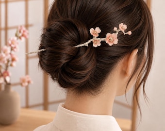 Japanischer Sakura-Haarstab, Haarnadel aus rosa Kirschblütenlegierung, Haarknotennadel mit Blumenmuster