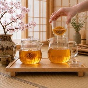 Peut inclure: Deux théières en verre transparent avec couvercles, contenant chacune une fleur de thé jaune en pleine floraison. Une théière repose sur un plateau en bois, tandis que l'autre est soulevée par un infuseur en verre. Thé ambré à l'intérieur.
