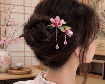 Roze haarspeld met bloemenkwastjes, elegante Aziatische knotspeld, accessoire voor Hanfu-kimono's