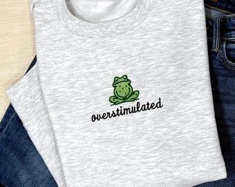 Överstimulerad tröja, broderad grodkrage, rolig meme