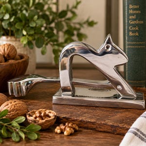 May include: A polished silver-toned metal nutcracker shaped like a squirrel, featuring a lever handle and a flat rectangular base. The nutcracker is positioned near a wooden bowl filled with whole walnuts and walnut kernels on a dark surface.