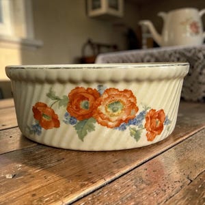 Cazuela Hall China vintage con diseño de amapola naranja y borde estriado - Modelo 505 - Vajilla de cocina estilo cottagecore de los años 30/40