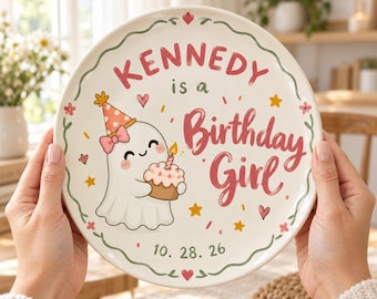 Personalized Spooky Birthday Plate, Custom Name Ceramic Birthday Plate, Halloween Birthday Girl Gift, Ghost Birthday Party Decor