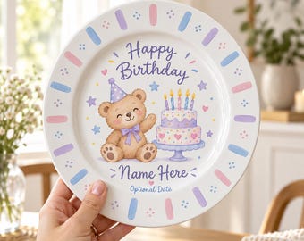 Personalized Birthday Plate, Custom Name Kids Birthday Plate, Cute Teddy Bear Birthday Dish, Birthday Keepsake Gift, Custom Date Plate
