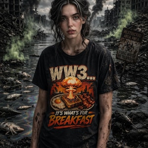 May include: A black t-shirt featuring a graphic print of a breakfast plate with a fried egg, bacon, and a piece of toast topped with a mushroom cloud explosion. The text reads WW3... IT'S WHAT'S FOR BREAKFAST in bold, distressed orange and white lettering.