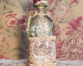 Green Glass Perfume Bottle w Tea Stained Trim Keepsake - Vintage Style - BOT-2