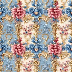 May include: A repeating pattern featuring large pink chrysanthemums and blue floral clusters intertwined with ornate gold scrollwork. The design is set against a light blue and cream background, creating a dense, symmetrical botanical composition.