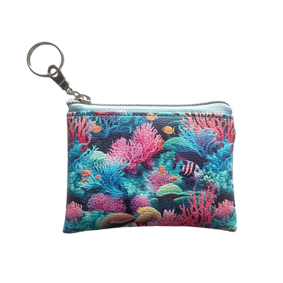 Coral Keychain Wristlet Coral Reef Print Vegan Leather Keychain Wallet