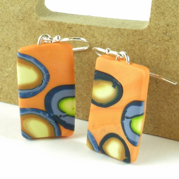 Polymer clay earrings - tangerine, periwinkle, navy, green, and yellow (OB-R-P-1)