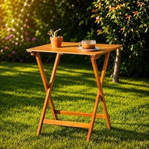 May include: A square wooden folding table with a slatted top surface. On the table sits a small terracotta pot containing a green plant and a clear glass cup filled with a brown beverage on a matching saucer, all featuring a natural wood finish.