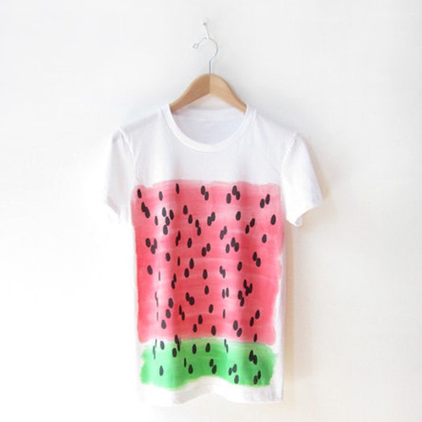 SALE- Women's Organic Cotton Tee Hand Painted & Screen Printed - Watermelon
