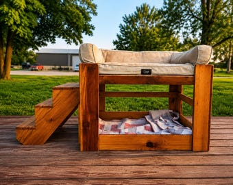 Handmade elevated cedar bed for two pets with stairs