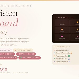 以下が含まれることがあります： 2027年版のデジタルビジョンボードテンプレート「Vision Board 2027」。6つのアイコンが配置された暗い長方形のグリッドと、「Surpresas de Deus」や「Backup & Restauração」などの機能リストが表示されています。