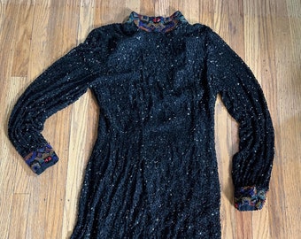 Heavy Beaded Black High Neck and Multicolor Beaded Details L/S Gown Dress Small - Black Tie Oleg Cassini